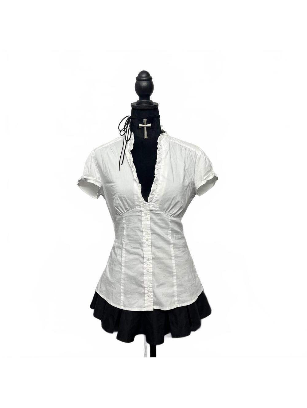Y2K Rw&Co Sz M Coquette White V Neck Short Sleeve Blouse With Pleats Details